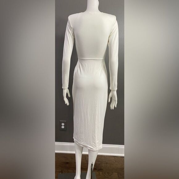 Good American Nude/Taupe Strong Shoulder Wrap Dress Plunging V-Neck Size 0 - Picture 7 of 11